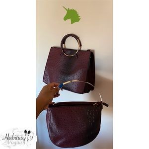 burgundy faux leather tote and clutch combo
